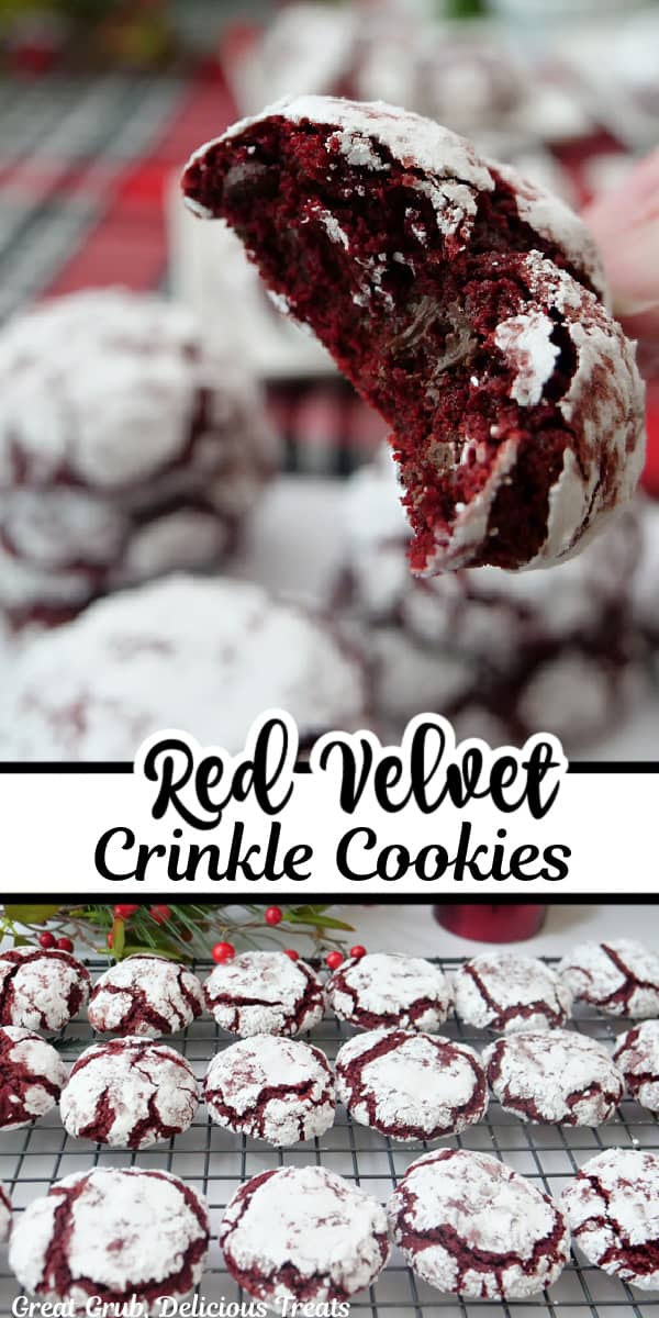 A double collage photo of red velvet crinkle cookies.
