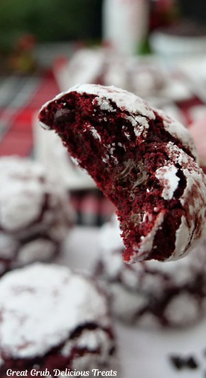 A close up photo of a red velvet crinkle cookie with a bite taken out of it.