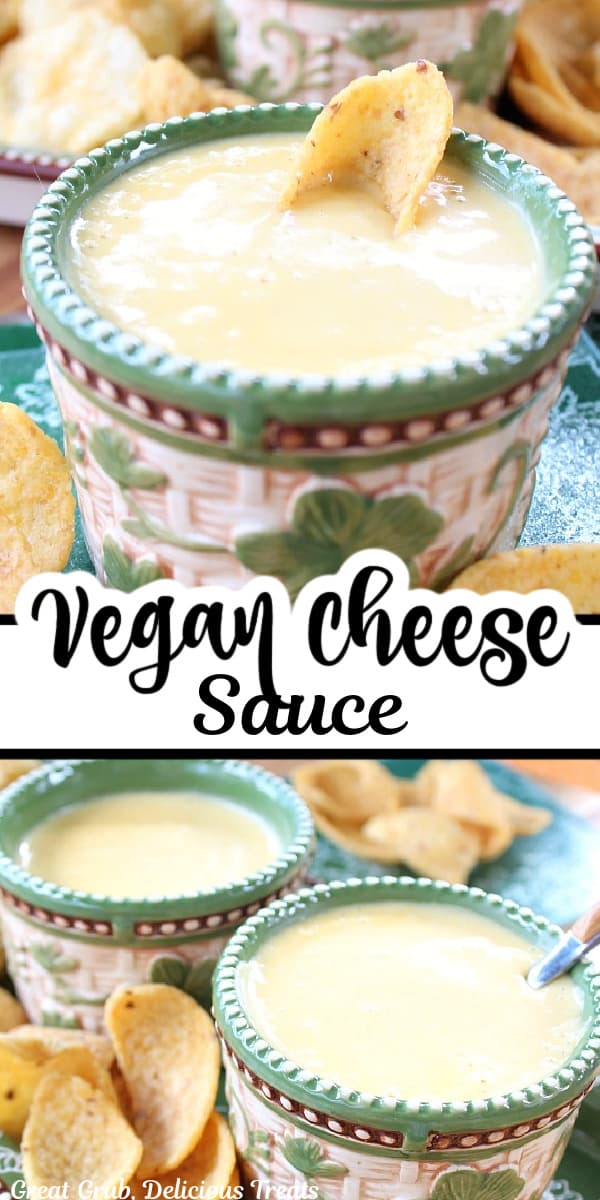 A double collage photo of homemade vegan cheese sauce.