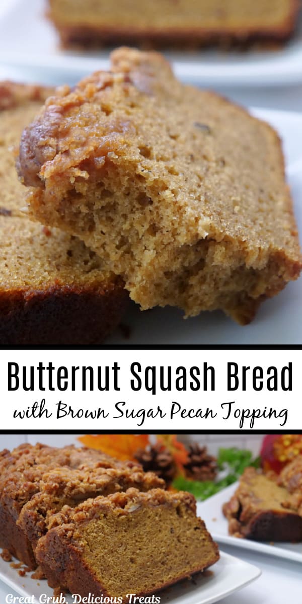 A double collage photo of butternut squash quick bread on a white plate with the title of the recipe in the center of the two photos.