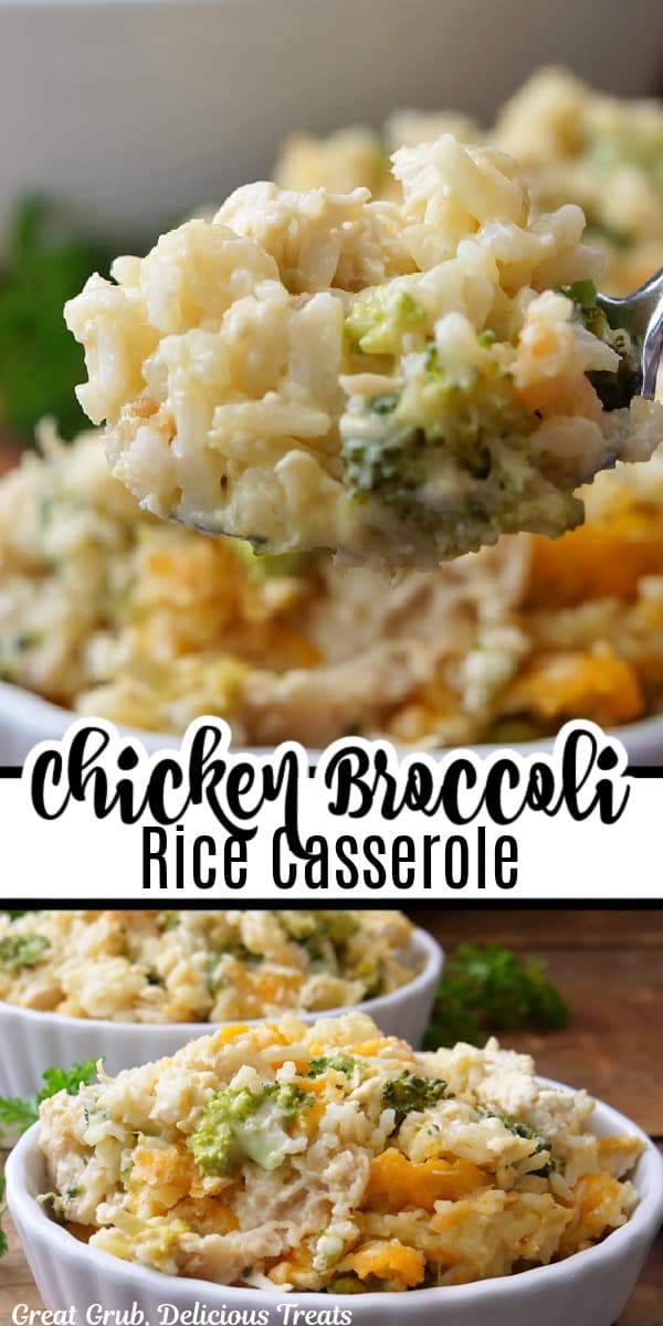 A double collage photo of chicken broccoli rice casserole in a white bowl with the title of the recipe in the center of the two photos.