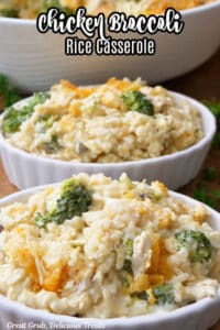 Two oval serving bowls filled with chicken broccoli rice casserole.