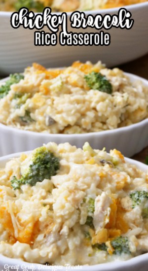 Two white serving bowls with a serving of chicken broccoli rice casserole in them.