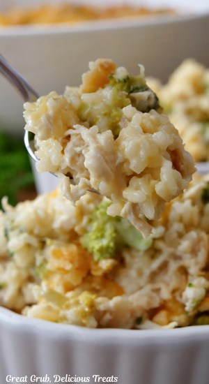 A spoonful of broccoli, cheddar, chicken, rice casserole.