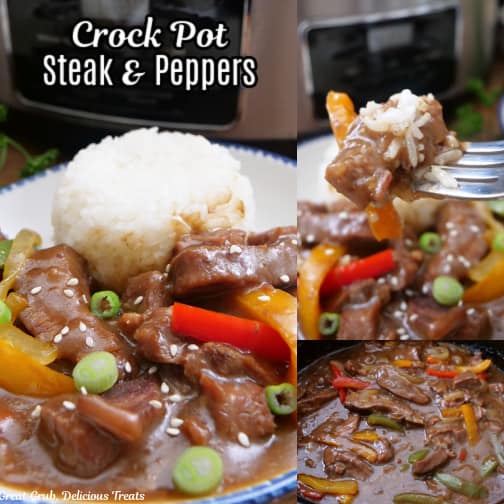 A three collage photo of steak and peppers.