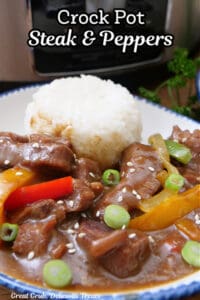 A white bowl with blue trim filled with a serving of beef and peppers with white rice.