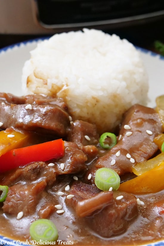 A close up of a serving of beef and peppers with white rice.