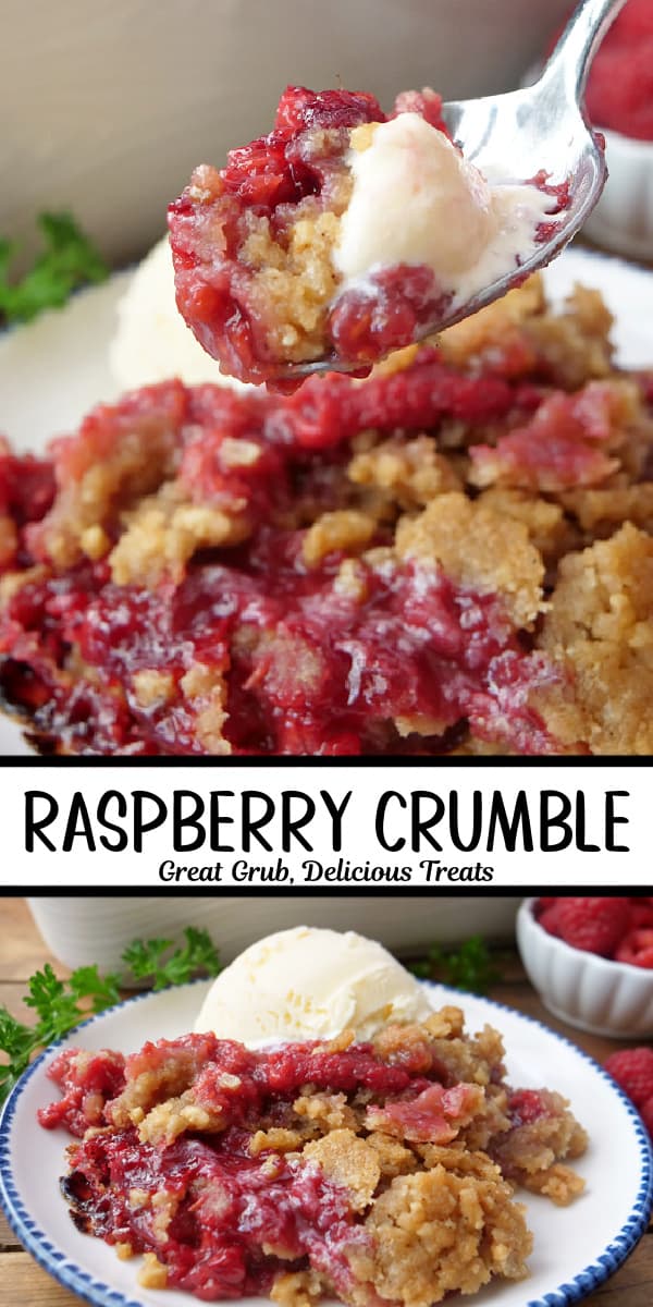 A double collage photo of raspberry crumble dessert.