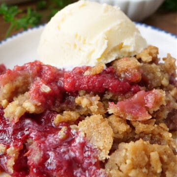 A white bowl with blue trim filled with a serving of raspberry crumble with a scoop of vanilla ice cream on top.