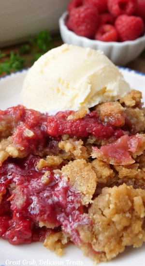 A serving of raspberry crumble with a scoop of vanilla ice cream in a white bowl with blue trim.