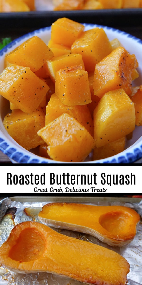 A double collage photo of cubed roasted butternut squash in a white bowl with blue trim.