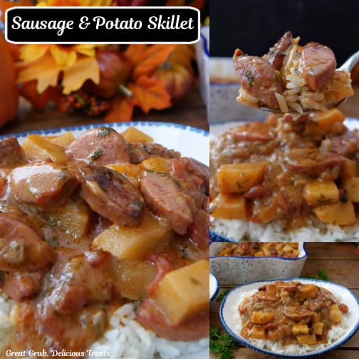 A three collage photo of smoked sausage and potatoes served over white rice.