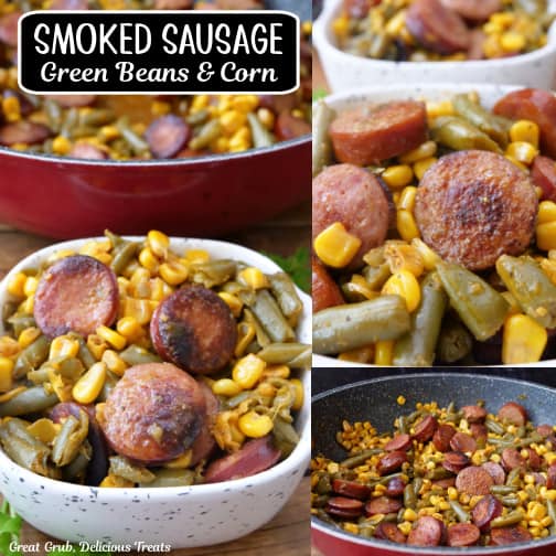 A three collate photo of smoked sausage, green beans, and corn.