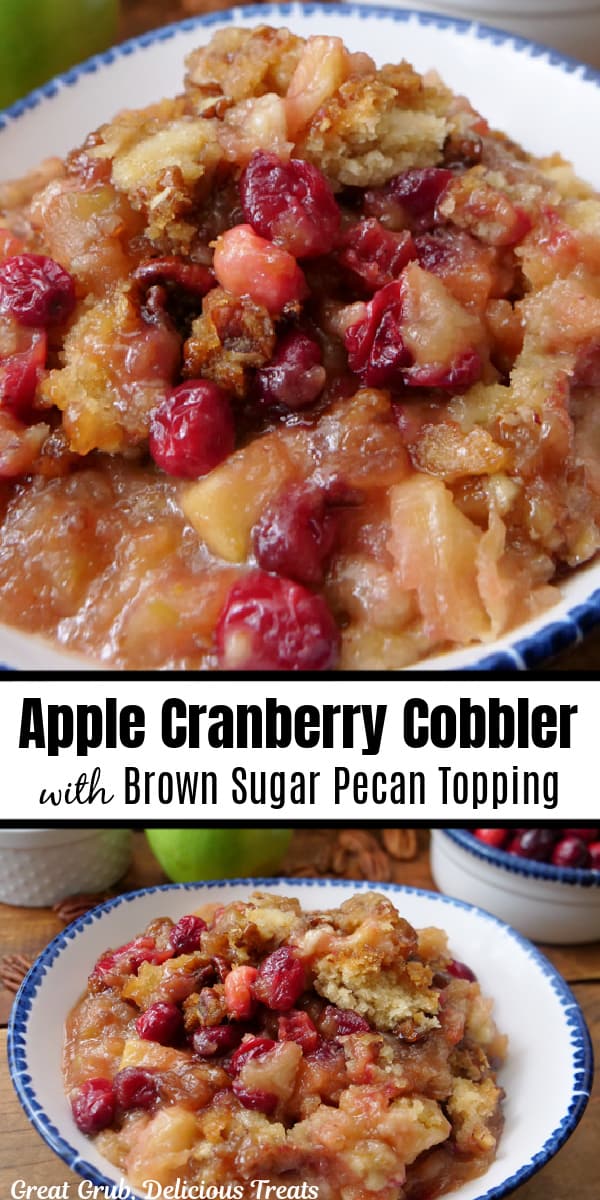 A double collage photo of apple cranberry cobbler with brown sugar pecan topping.