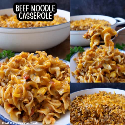 A three collage photo of beef noodle casserole.