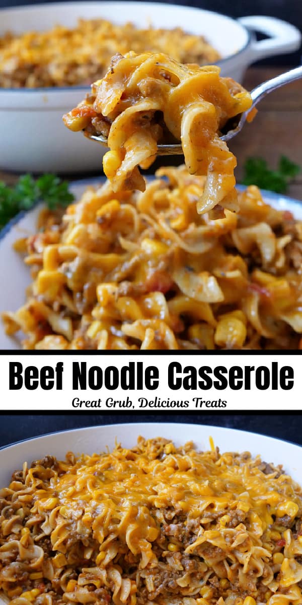 A double collage photo of beef noodle casserole.