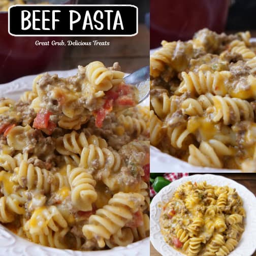 A three collage photo of beef pasta.