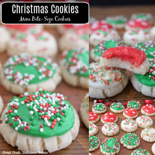 A three collage photo of mini Christmas Cookies with frosting and candy sprinkles on them.
