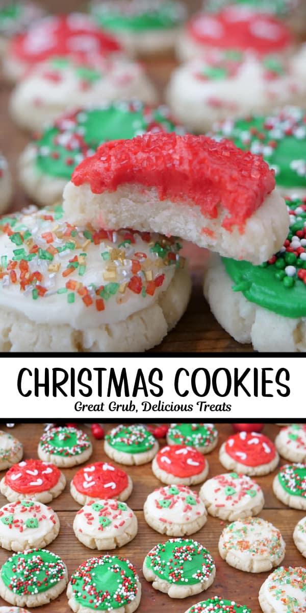 A double collage photo of mini Christmas cookies with red, white, and green frosting and candy sprinkles on top.