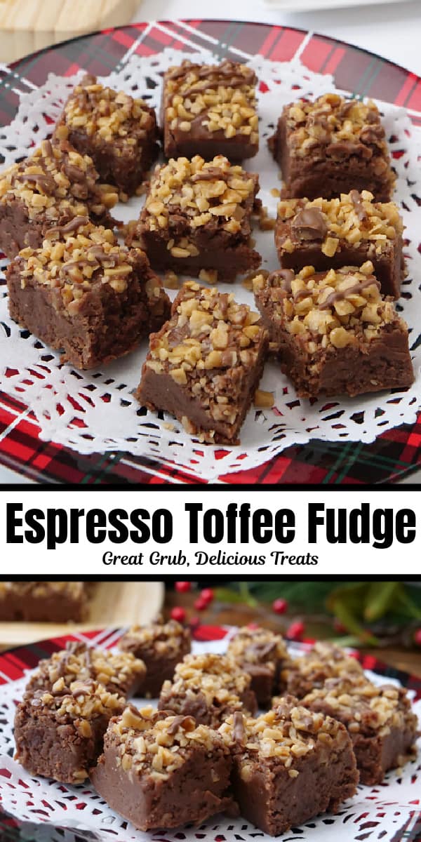 A double collate photo of espresso toffee fudge.