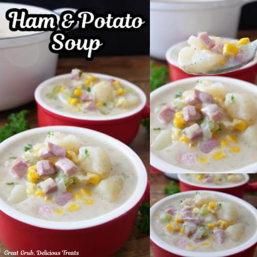 A three photo collage of ham and potato soup.