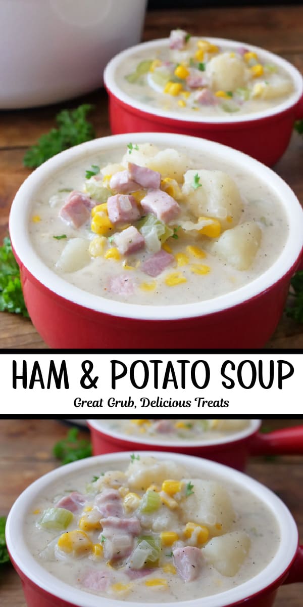 A double collage photo of ham and potato soup in red soup bowls.