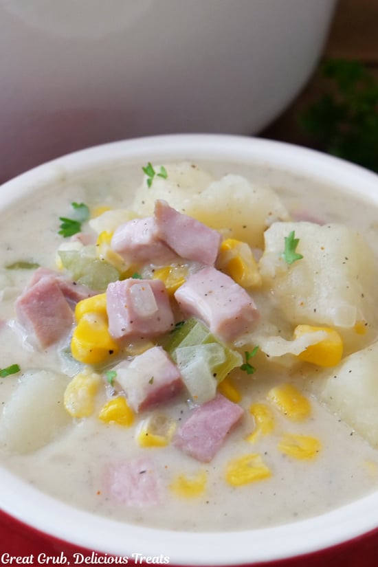  A super close up photo of potato soup with diced ham, corn, onions and celery, in a creamy broth.