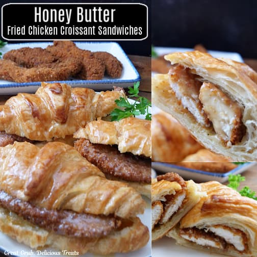 A three collage photo of honey butter fried chicken croissant sandwiches.
