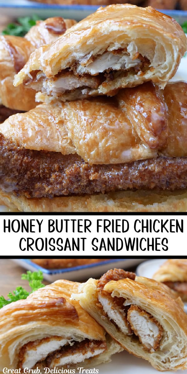 A double collage photo of fried chicken croissant sandwiches.