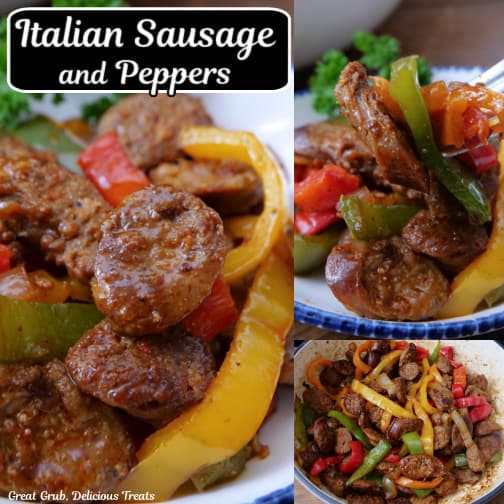 A three collage photo of Italian sausage and peppers.