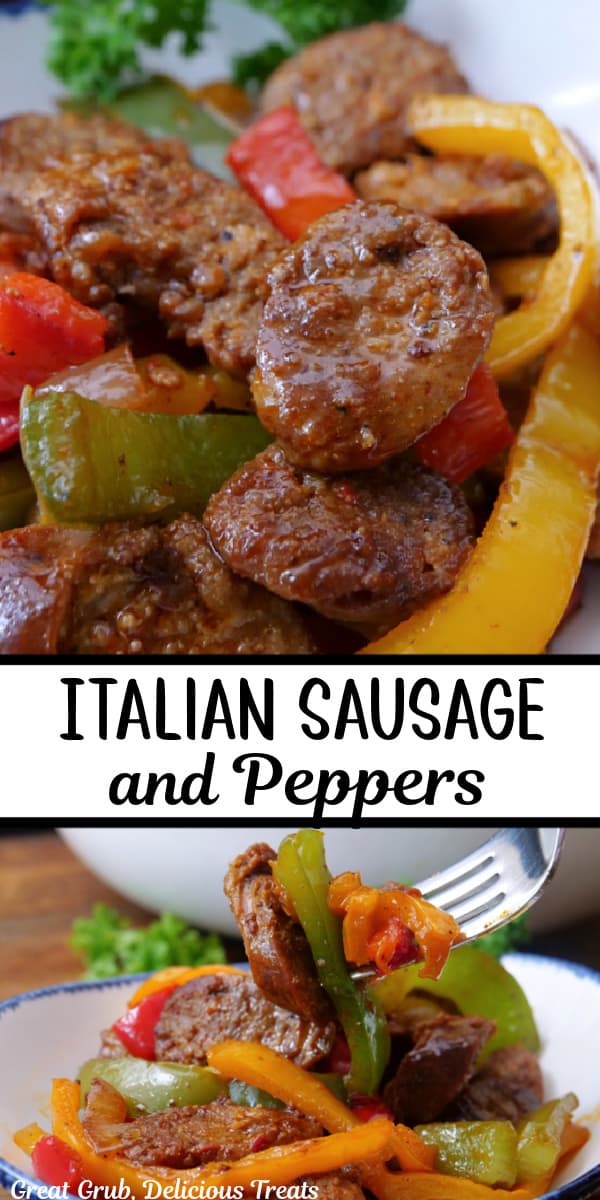 A double collage photo of Italian sausage slices and multi-colored bell peppers and onions.