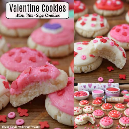 A three collage photo of bite-size Valentine cookies with buttercream frosting and candy sprinkles.