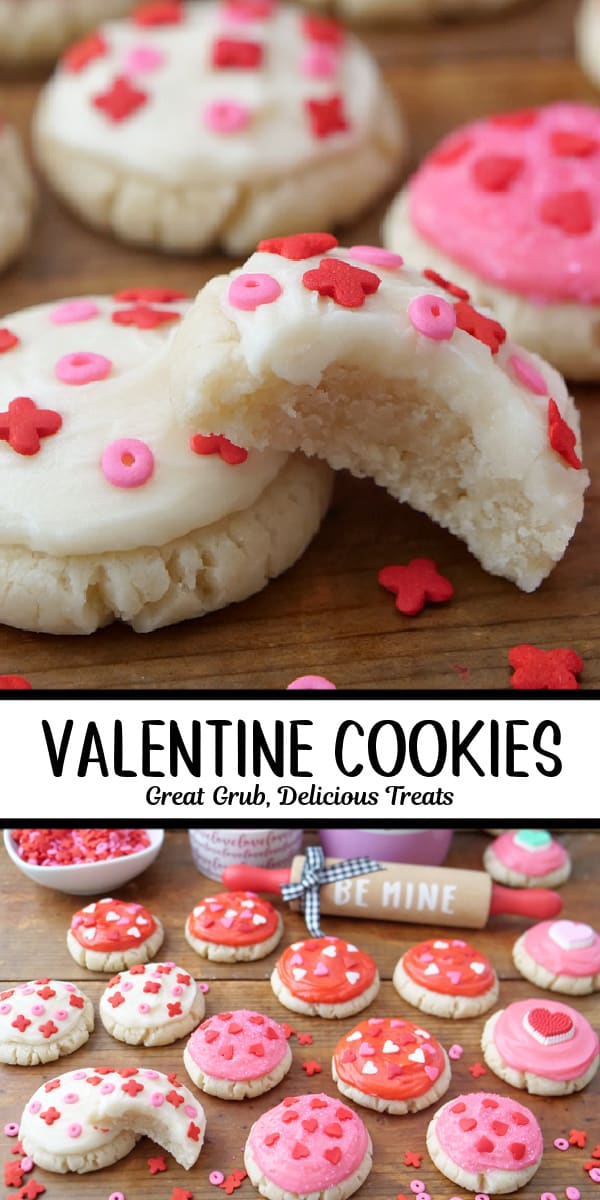 A double collage photo of mini Valentine cookies with white and pink buttercream frosting and festive candy sprinkles on top.