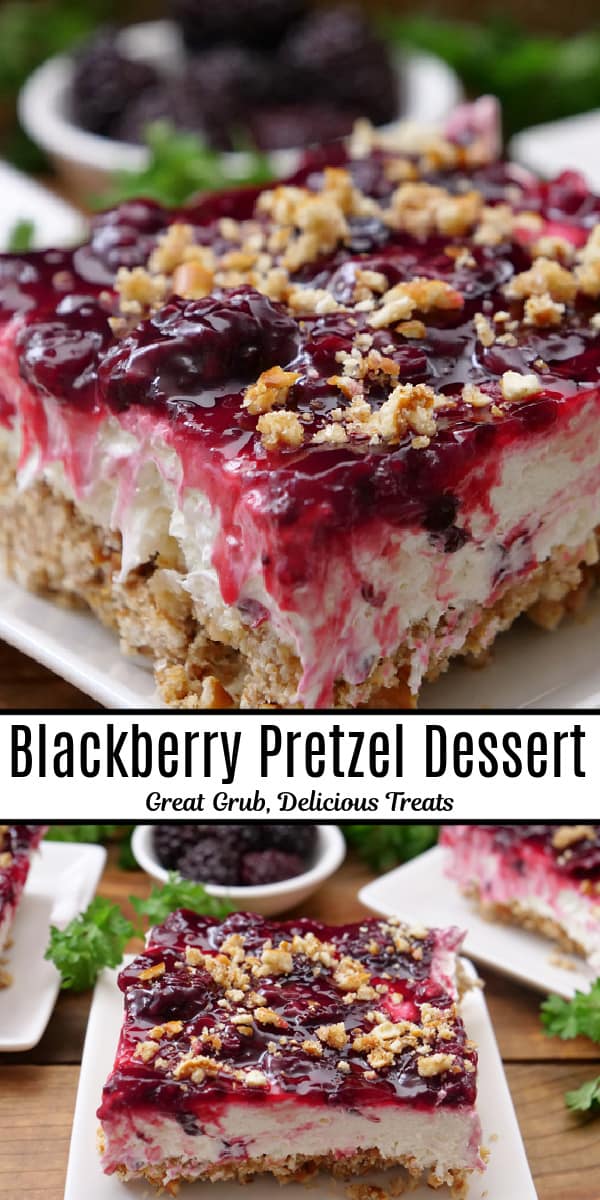 A double photo collage of blackberry pretzel dessert that has a pretzel crust, a cream cheese filling, and topped with a homemade blackberry topping.