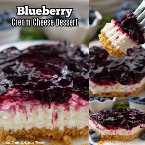 A three photo collage of blueberry cream cheese dessert.