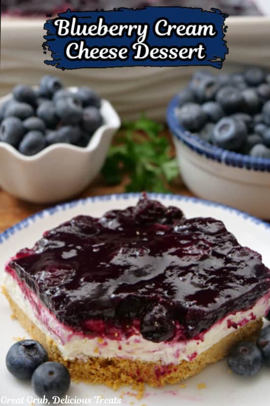 A round white plate with blue trim with a serving of blueberry cream cheese dessert on it with two bowls in the background filled with fresh blueberries.