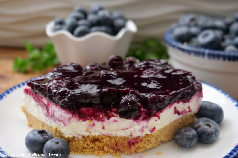 A horizontal photo of a white plate with blue trim with a piece of a blueberry dessert on it.