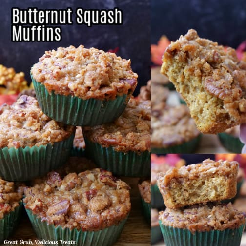 A three photo collage of butternut squash muffins.