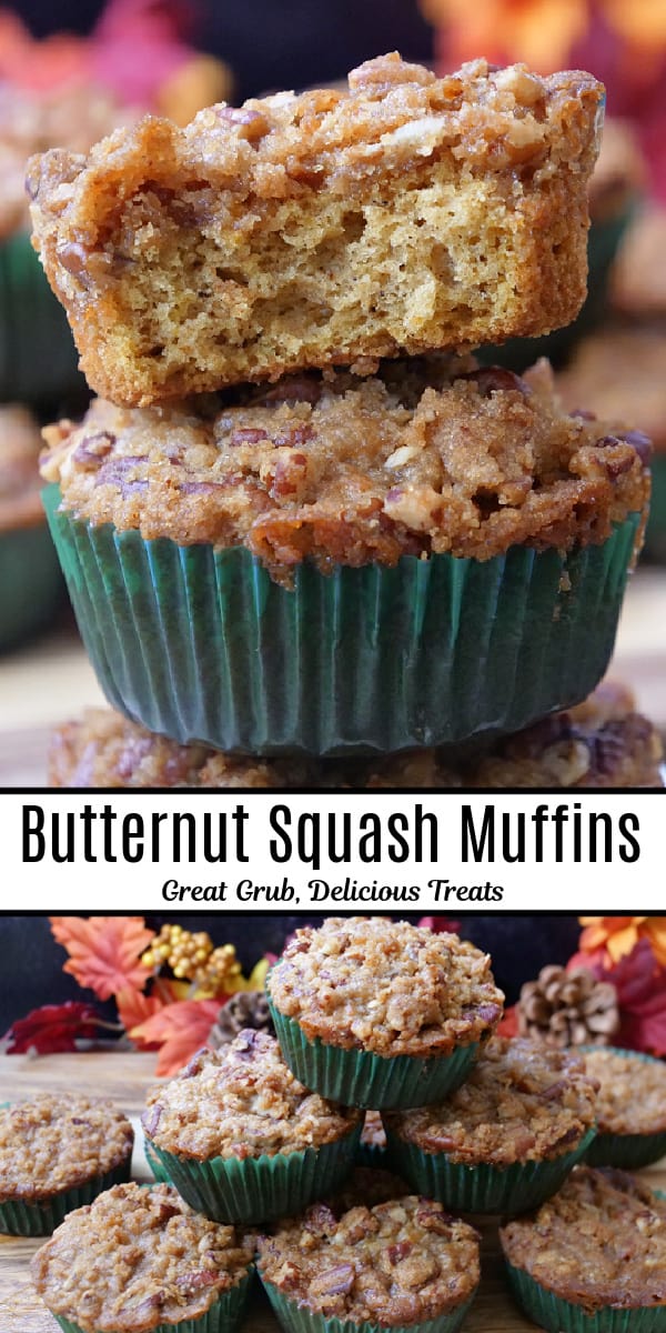 A double collage photo of butternut squash muffins.