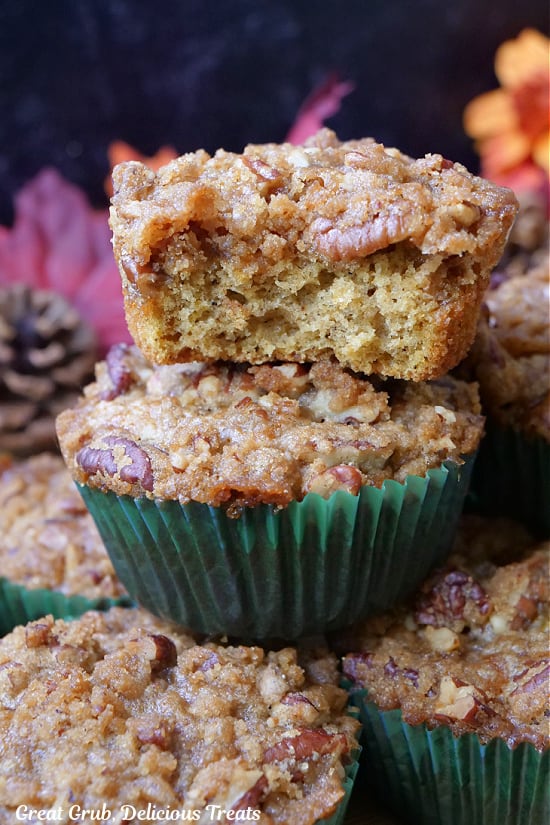 A few muffins stacked up on each other.