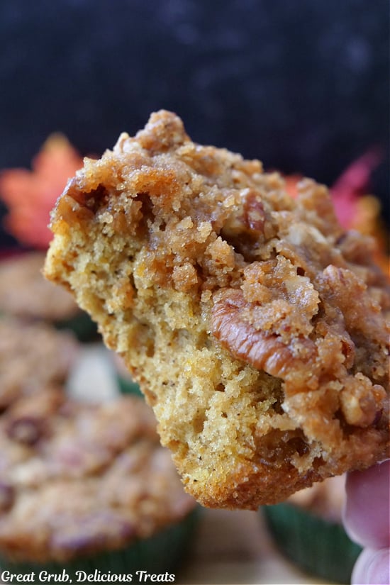 A close up of a muffin with a bite taken out of it.
