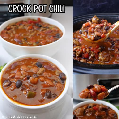 A three collage photo of homemade chili made in the crock pot.