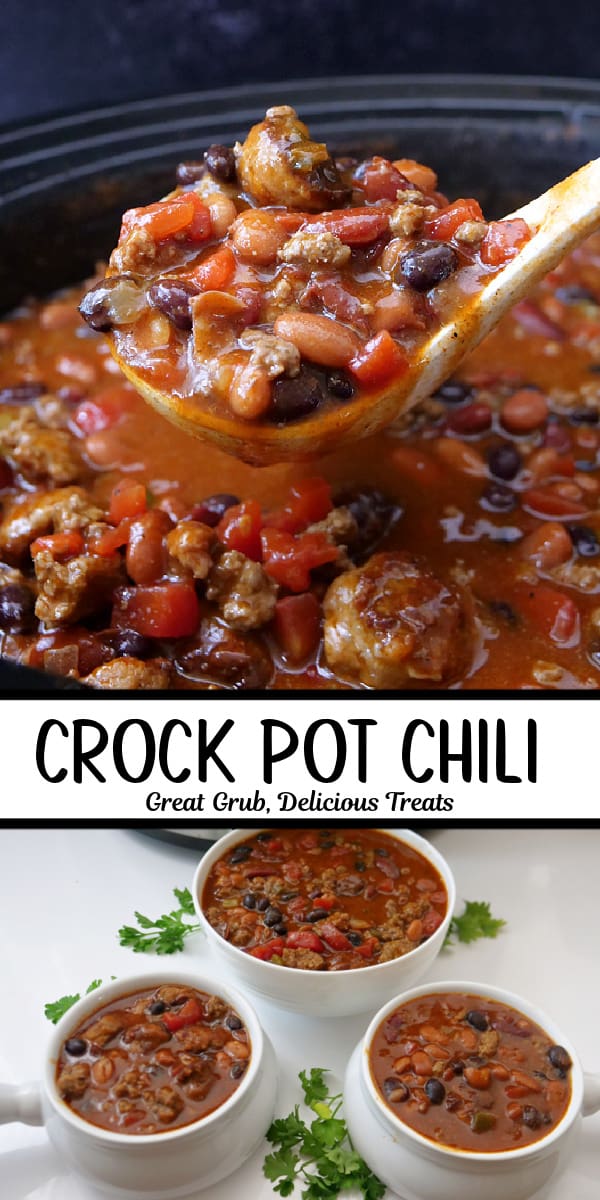 A double collage photo of chili made in the crock pot.