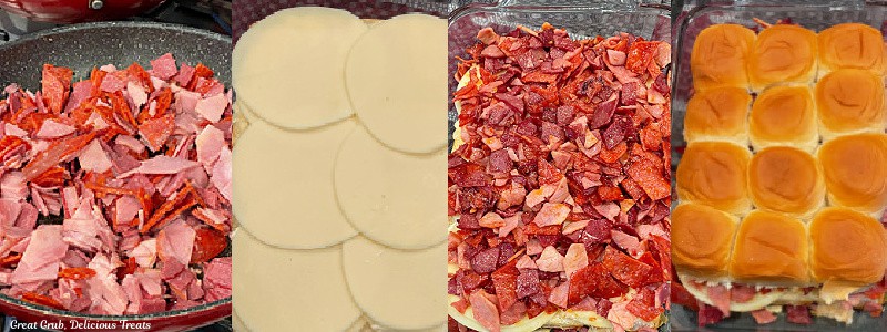 Four small photos of the process of cooking the meat, layering the cheese, and topping the sliders.