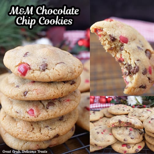 A three collage photo of M&M chocolate chip cookies.