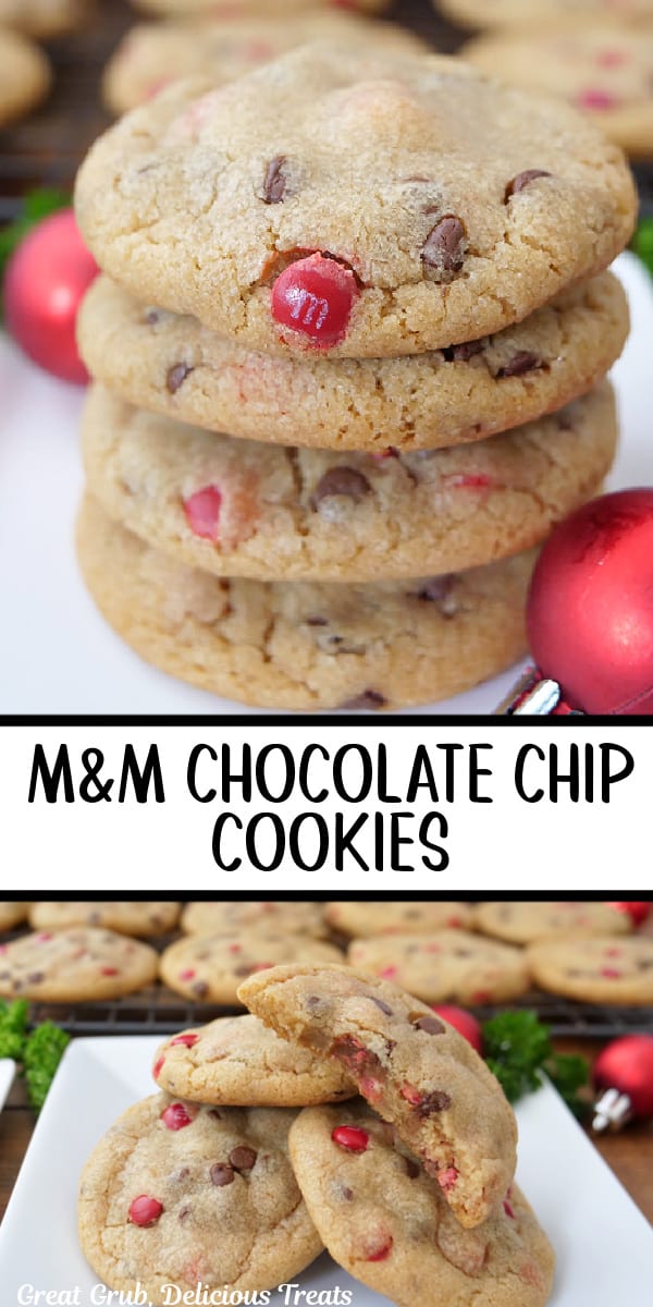 A double collage photo of chocolate chip cookies with mini M&Ms and mini chocolate chips.