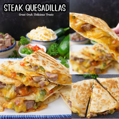 A three collage photo of steak quesadillas.