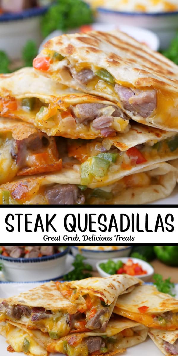 A double collage photo of triangle pieces of steak quesadilla stacked on top of each other.