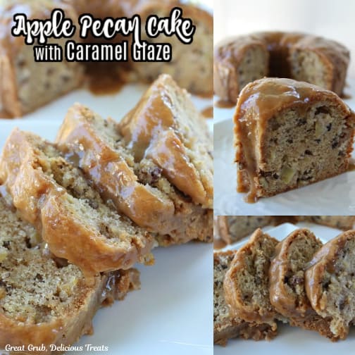 A three collage photo of apple cake with chopped pecans and covered in a homemade caramel sauce.