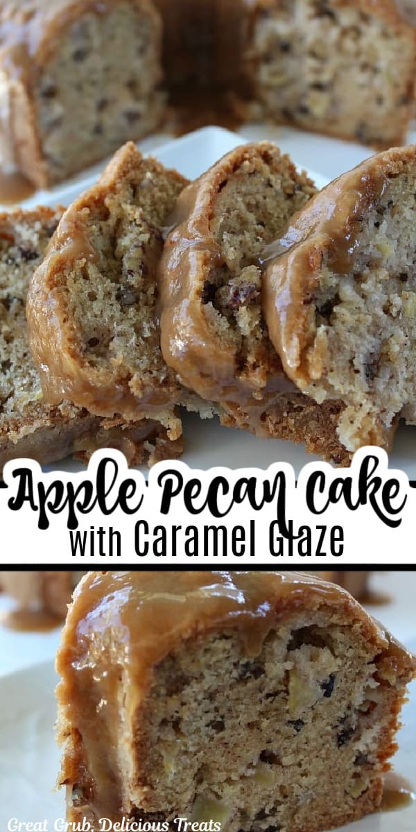 A double collage photo of apple pecan cake. with caramel glaze.